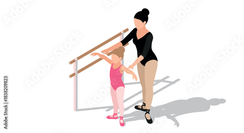 Woman teaching young girl ballet at barre in isometric style