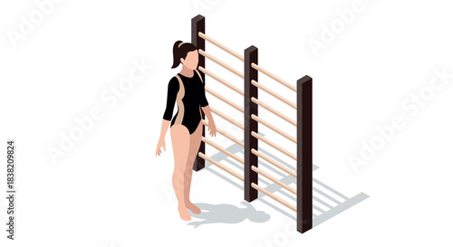 Isometric gymnast practicing on stall bars in minimalist style