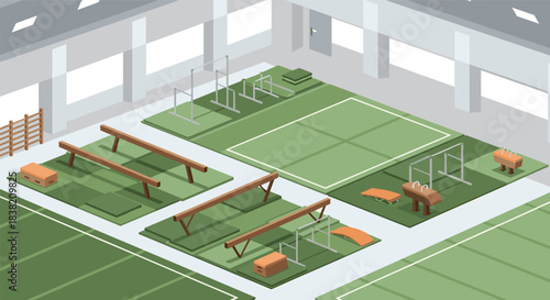 Modern gymnastics training hall with various equipment in an isometric view