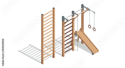 Isometric playground equipment with slide and climbing bars on white background