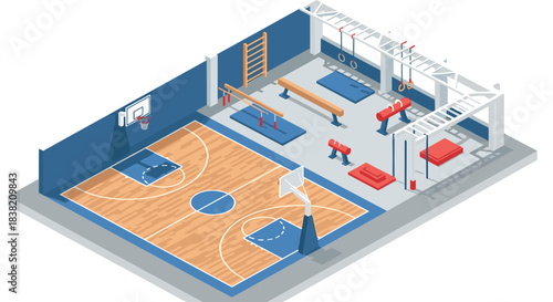 Modern isometric indoor sports gym with basketball court and fitness equipment