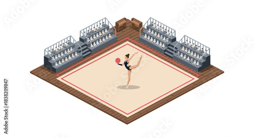Isometric gymnast performing with ball in arena with spectators