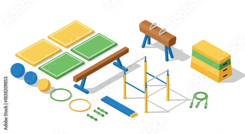 Isometric gymnastics equipment set with vaulting horse and parallel bars on white background