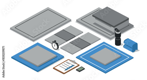 Isometric yoga and fitness equipment composition with gym accessories and mat layers