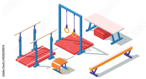 Colorful isometric gymnastics equipment set including bars, rings, and beam