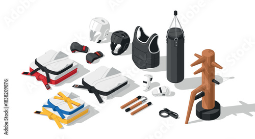 Isometric martial arts equipment set with gear and accessories for training