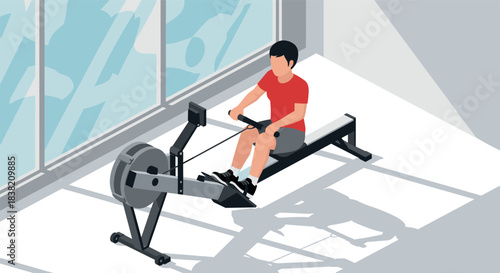 Man exercising on rowing machine in modern gym with sunlight
