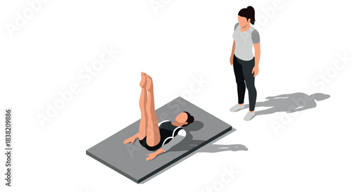Isometric fitness training with instructor and athlete on mat in flat design