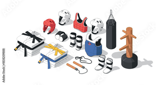 Martial arts training gear in isometric style on white background