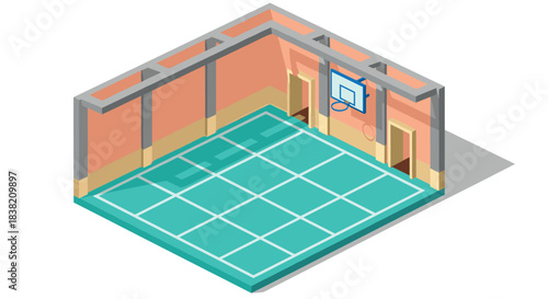 Isometric indoor basketball court with hoop and marked floor in modern gym
