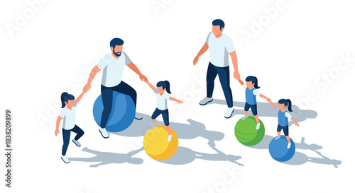 Family fitness fun with kids balancing on colorful exercise balls in isometric style