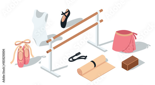 Isometric ballet equipment set with pointe shoes and barre for dance practice