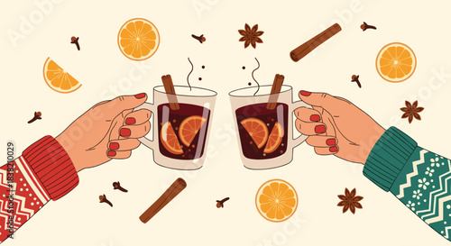 Two hands in cozy winter sweaters clinking glasses of hot mulled wine with oranges and spices for a festive celebration.