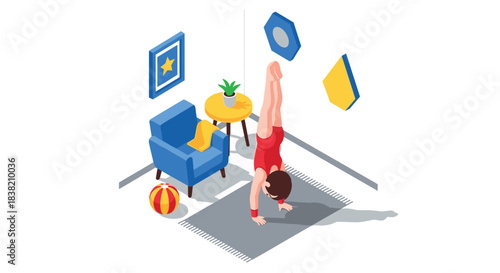 Isometric home gym workout with woman practicing handstand in bright modern room