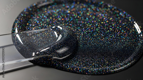 Close up macro view of a dark iridescent glitter substance with reflective particles and a glossy surface