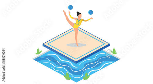 Isometric gymnastics: athlete performing rhythmic routine over water platform