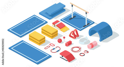 Isometric gymnastics equipment layout in bold colors for training and fitness