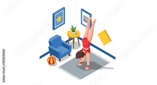 Isometric gymnast practicing handstand in modern living room