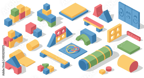 Colorful isometric playground elements for creative design projects