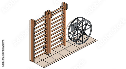 Isometric gym equipment with stall bars and exercise wheel