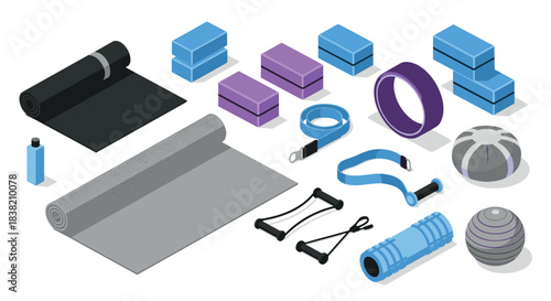 Isometric fitness equipment set featuring mat, blocks, and resistance bands