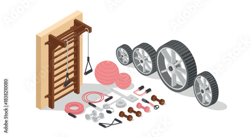 Isometric gym equipment set with wheels, ropes, bars, and wall ladder for home workout setup
