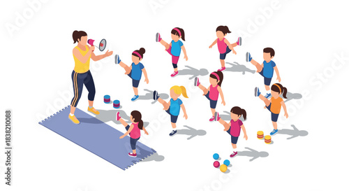 Energetic fitness class for kids with instructor using megaphone in isometric style