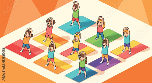 Group of children exercising with joyful energy in a colorful geometric setting