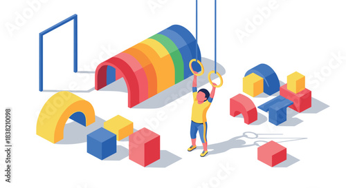 Vibrant gymnast training in minimalist playground with colorful geometric shapes