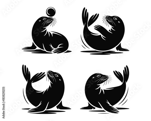 Seal silhouette, Seal sitting silhouette, flipper Seal lying illustration, Seal balancing ball vector, Seal black vector design Set collection, seal silhouette, seal sitting silhouette, seal lying 