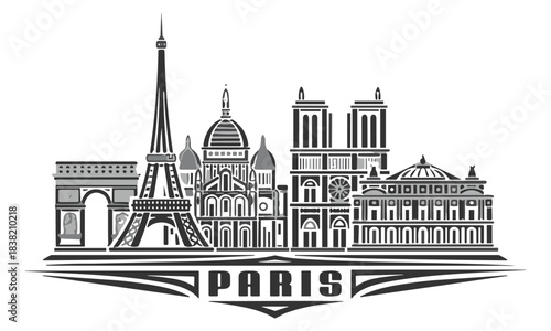 Stylized black and grey graphic illustration of Paris skyline landmarks France Eiffel Tower