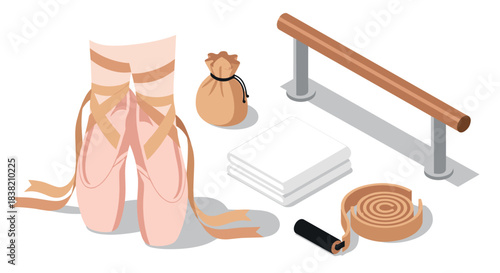 Isometric ballet practice setup with pointe shoes and dance equipment