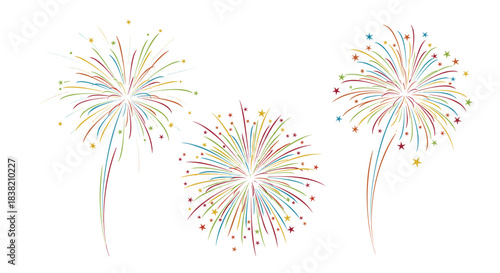A set of three vibrant and colorful fireworks bursts with stars isolated on a white background for festive celebrations.