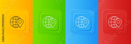 White Location on the globe icon isolated on colorful background. World or Earth sign. Set icons in square buttons. Vector