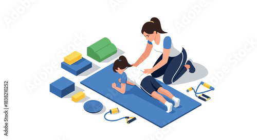 Mother and daughter exercising together with fitness equipment in isometric style