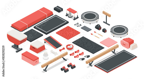 Isometric gym equipment set with trampoline and balance beam in red and black