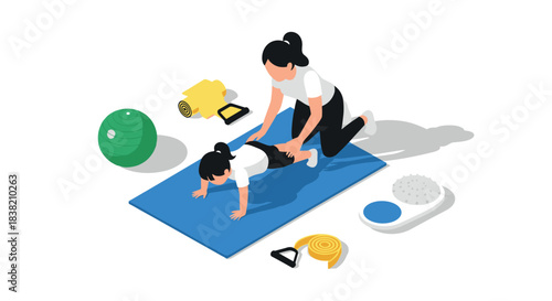 Mother helping child with home workout on yoga mat with fitness equipment