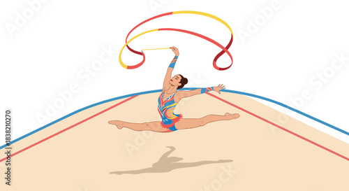Graceful gymnast in mid-air ribbon performance with dynamic movement and colorful outfit