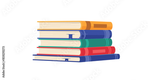 A neat stack of five colorful hardcover books with two bookmarks isolated on a white background for educational concepts.