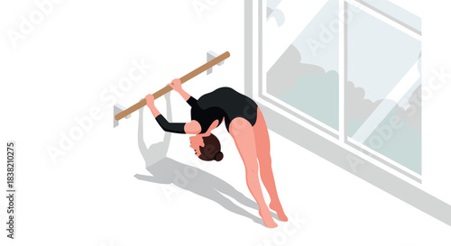 Isometric ballet pose: dancer stretching at home by window