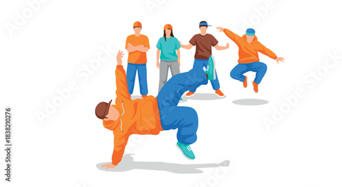 Energetic breakdancers in vibrant streetwear performing unique moves on white background