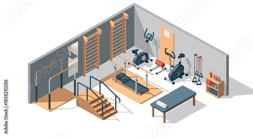 Modern home gym interior with fitness equipment in isometric design