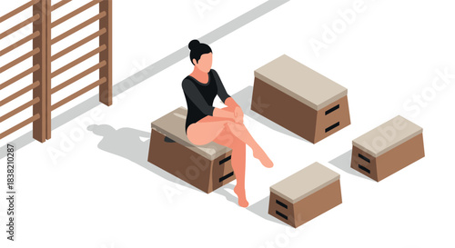 Woman in gymnastics leotard resting on gym equipment in isometric design