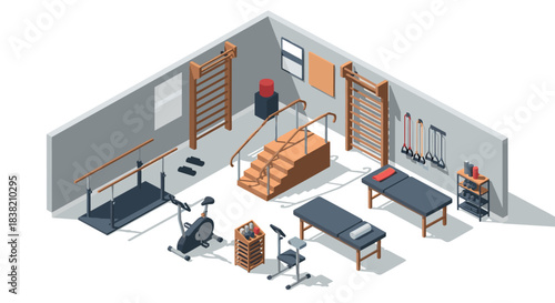 Isometric gym interior with fitness equipment and rehabilitation tools