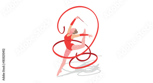 Graceful rhythmic gymnast in dynamic pose with ribbon