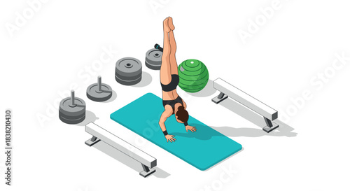 Isometric yoga pose: woman performing handstand on mat with gym equipment