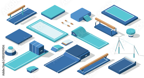 Isometric gymnastics equipment set in blue tones featuring mats and bars