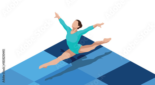 Dynamic gymnast leaping in flat design on geometric blue platform