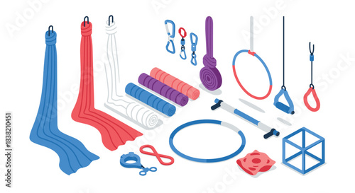 Colorful isometric aerial yoga and gymnastics equipment set with ropes and hoops