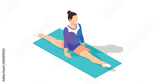 Isometric gymnast performing splits on blue mat in bright sports outfit
